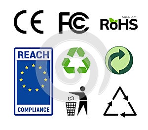 Compliance Recycling Symbols. Certification CE environment waste sign set photo