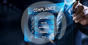 Compliance rules regulation policy law. Business technology concept.