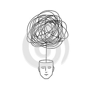 Complicated abstract mind illustration. empty head with messy line inside. tangled scribble doodle vector path design