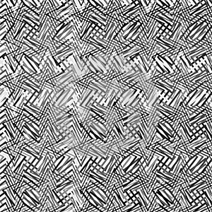 Complicated greyscale geometric pattern, geometric texture of asymmetric, dense lines with camber, weave effect. Crossed,