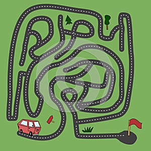 Complicated maze, labyrinth game with red car van, cartoon vector illustration. Challenge to find a way to the finish