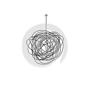 Complicated process to find the solution illustration. insane messy clew to find the way out symbol. tangled scribble line vector