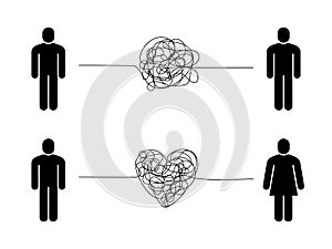 Complicated relationship. Love couple problem, tangled messy scribble connection line, unhappy people hard communication