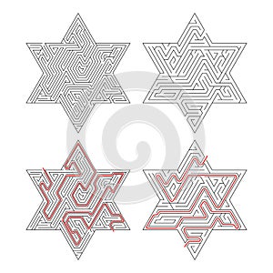 Complicated star-shaped labyrinths with red path of solution isolated on white