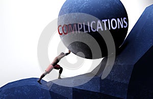 Complications as a problem that makes life harder - symbolized by a person pushing weight with word Complications to show that