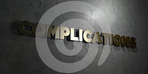 Complications - Gold text on black background - 3D rendered royalty free stock picture