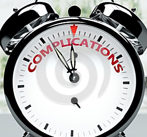 Complications soon, almost there, in short time - a clock symbolizes a reminder that Complications is near, will happen and finish