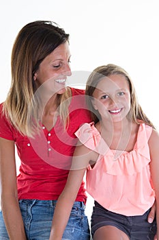 complicity and love mother daughter beauty girls on white background photo