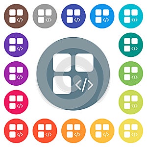 Component programming flat white icons on round color backgrounds