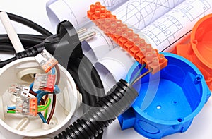 Components for electrical installations and rolls of diagrams