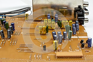 Components of microprocessor devices are installed on a printed circuit board