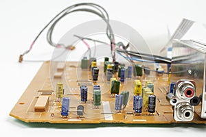 Components of microprocessor devices are installed on a printed circuit board