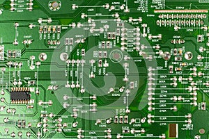 Components of microprocessor devices are installed on a printed circuit board