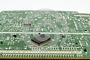 Components of microprocessor devices are installed on a printed circuit board