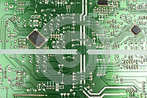 Components of microprocessor devices are installed on a printed circuit board