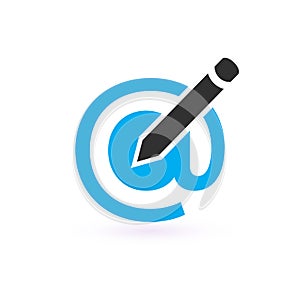 Compose email mail message flat vector icon for apps and websites. at symbol with pen. Stock vector illustration isolated on white