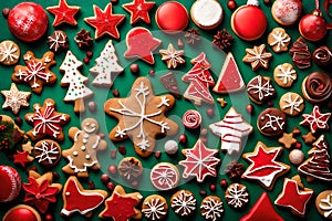 Compose a festive flat lay arrangement featuring a variety of tasty homemade Christmas cookies on a vibrant red background.