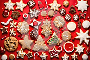 Compose a festive flat lay arrangement featuring a variety of tasty homemade Christmas cookies on a vibrant red background.