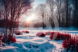 Compose a serene winter landscape capturing a tranquil winter scene,