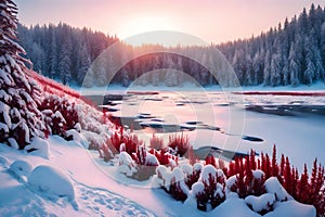 Compose a serene winter landscape capturing a tranquil winter scene,