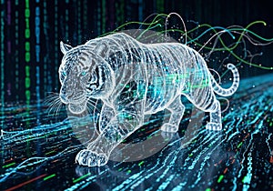 Composed of glowing, interconnected lines and circuits against