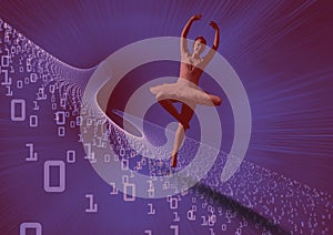 Composed image of dancer on blue digital background