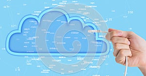 Composed Image of hand holding cable into blue illustrated cloud