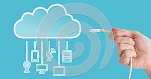 Composed Image of hand holding cable with cloud illustration with cables