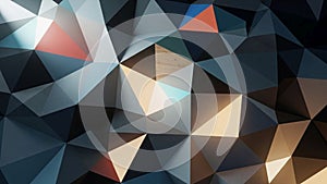 Composed of multicolored triangles and polygons primarily in shades