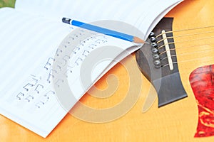 Composer write note of song and use acoustic guitar