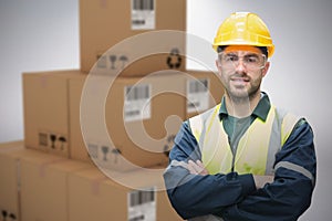 Composite 3d image of manual worker wearing hardhat and eyewear