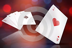 Composite 3d image of playing cards with ace of hearts on top