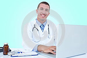 Composite 3d image of portrait of smiling businessman using laptop