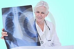 Composite 3d image of portrait of smiling female doctor examining chest x-ray