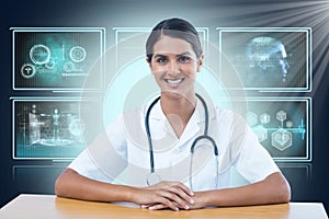 Composite 3d image of portrait of smiling female doctor sitting at desk