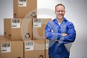 Composite 3d image of smiling warehouse manager standing with arms crossed