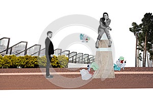Composite 3d photo artwork collage of young girl and man observe pollution do nothing destroy ecology garbage wrapper