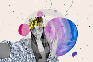Composite 3d photo artwork graphics collage of young girl fool make selfie horns rock party silver jacket foil sparkle
