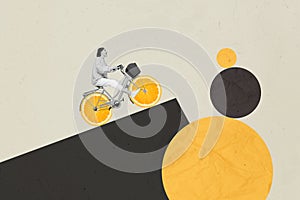 Composite 3D photo collage trend artwork sketch image of young active lady ride bike on egde cliff orange fruit circles