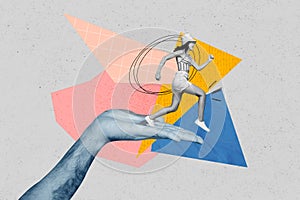 Composite abstract illustration photo collage of active purposeful woman run sprint on large hand isolated creative