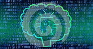 Composite of ai text and icons with binary coding on dark background