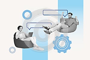 Composite artwork collage of blue color interface web page project manager young lady man sit beanbag chatting sms