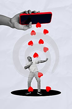 Composite artwork image photo collage of like thumb up reaction blog popular post social network hand hold phone display