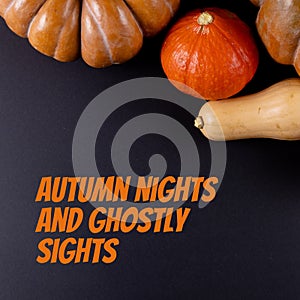 Composite of autumn nights and ghostly sights text and halloween pumpkins on grey background