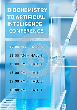 Composite of biochemistry to artificial intelligence conference, timings, hall a and hall b details