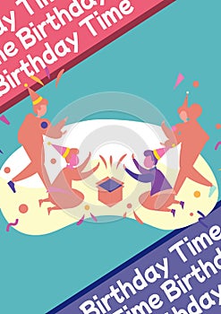 Composite of birthday time text over people partying on blue background