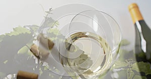 Composite of bottle of wine, glass of white wine, corks over vineyard background