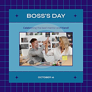 Composite of caucasian boss giving high five to coworker and boss's day text