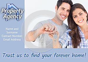 Composite of caucasian couple with house key and property agency, name and surname, contact, email