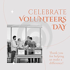 Composite of celebrate volunteers day text and diverse people collecting clothes at donation camp